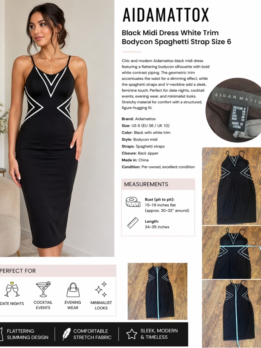 Aidan Mattox Black Midi Dress with White Trim - Picture 1 of 3